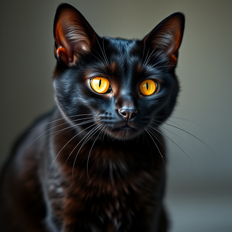 Generate a high-resolution image of a black cat with striking yellow eyes, sitting and tilting its head slightly, captured in soft natural lighting, using a Canon EOS R5 with a 50mm f/1.8 lens, aperture set to f/2.8, ISO 100, in portrait orientation.