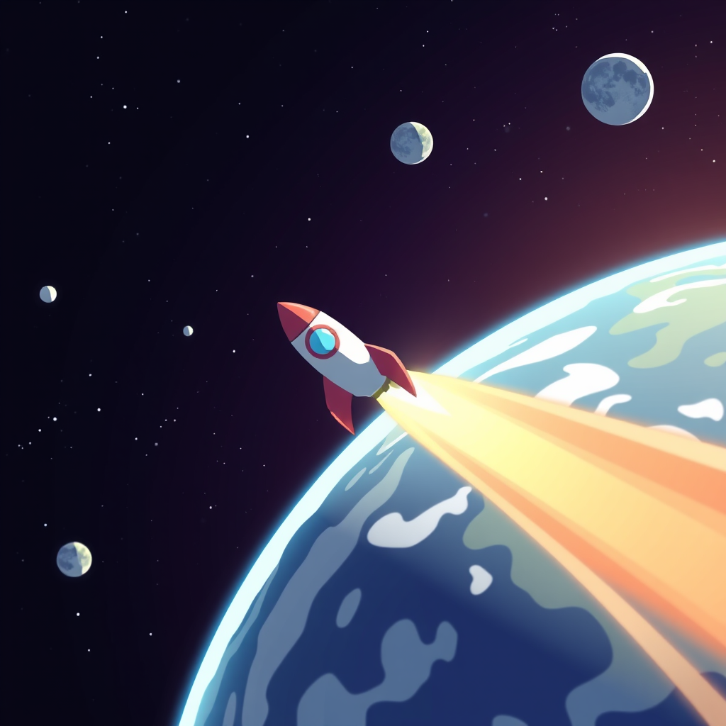 Create a digital illustration of Earth in space with a cartoon rocket flying by, using a wide-angle lens with a 24mm focal length, f/8 aperture, ISO 100, and a high-resolution setting to enhance image clarity and color vibrancy.