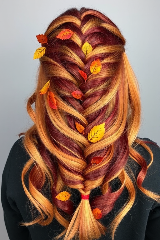 Autumn harvest ombre transitions from rich burgundy to golden wheat, styled in loose braids intertwined with colorful leaves, celebrating the changing seasons