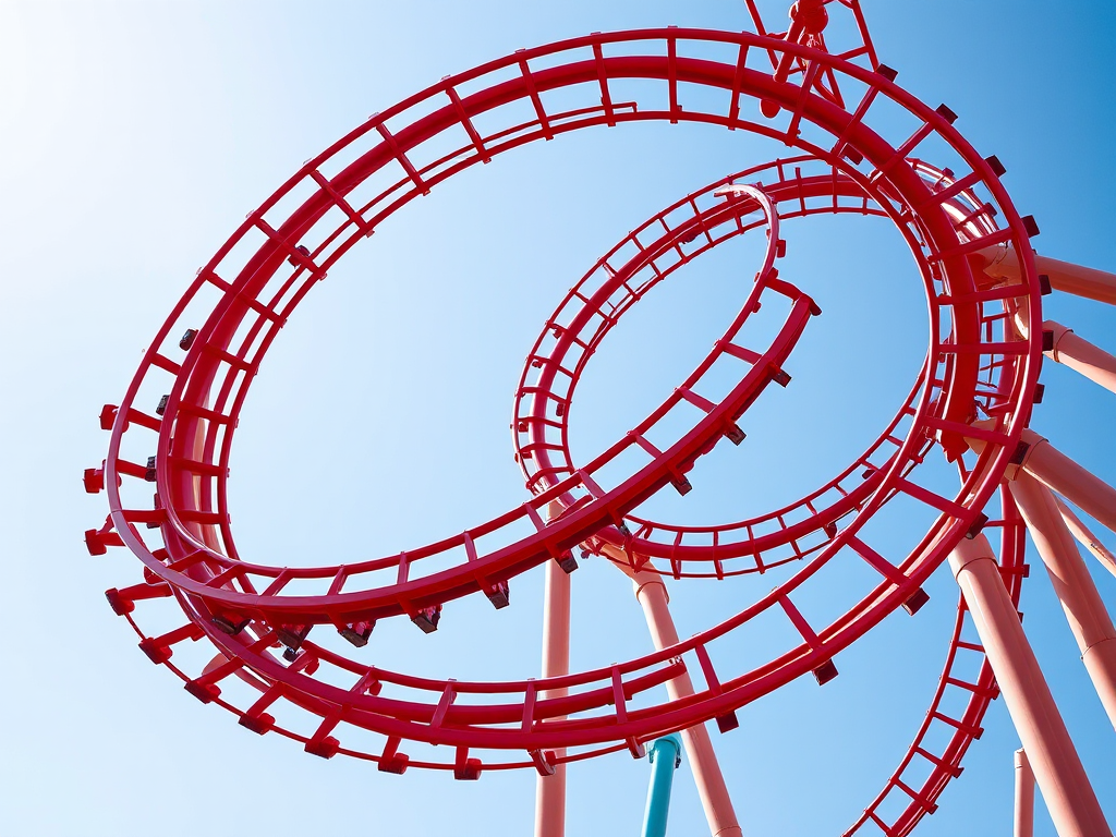 Generate a high-resolution image of a roller coaster with intricate red and blue tracks in a twisting loop design, shot with a Canon EOS 5D Mark IV at f/8, ISO 100, 24mm wide-angle lens, with a slight upward angle to emphasize the loops against a clear blue sky.
