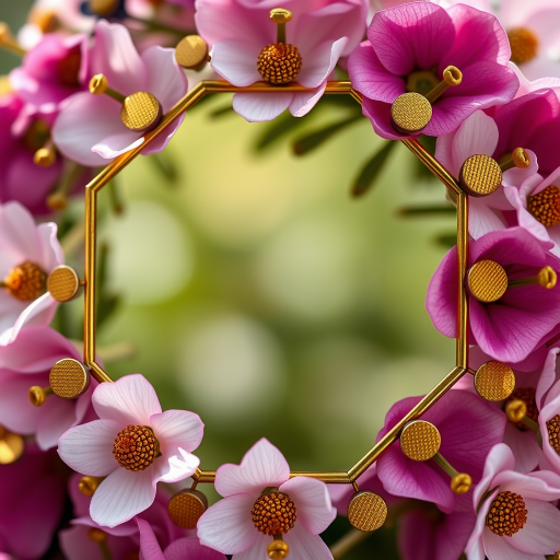 Create a high-resolution floral frame with gold and black hexagonal accents, centered composition, soft natural lighting, Nikon D850, 50mm lens, f/1.8 aperture, 1/200s shutter speed, ISO 100, shallow depth of field.