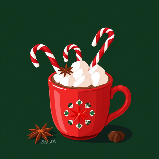 Create an illustration of a red mug filled with hot chocolate topped with marshmallows, garnished with candy canes and a star anise, set against a dark green background, using a DSLR camera with a 50mm lens, aperture f/4, ISO 100, natural lighting for a vibrant and clear image.