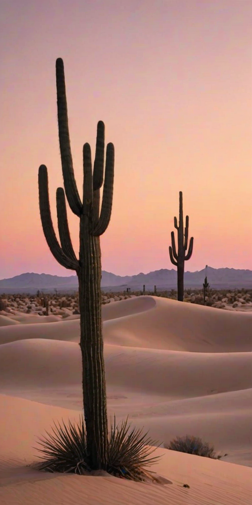Sharp, high-resolution image of a desert landscape at sunrise, soft pink and orange hues painting the sky, tall cacti standing in silhouette, soft shadows cast on the sand dunes, and a feeling of vastness and solitude.