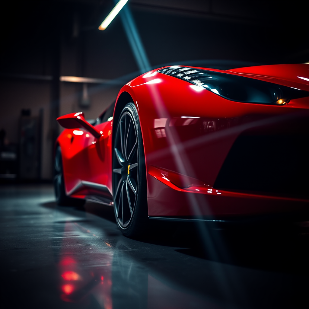 highly detailed image of a red Ferrari 458 Italia in a dimly lit garage with strong light rays and reflections on the floor, shot with a Canon EOS R5 at f/1.8, ISO 100, 24mm lens, using a slight low angle view for dramatic effect, focus on the car's front and side, with a shallow depth of field for a cinematic look