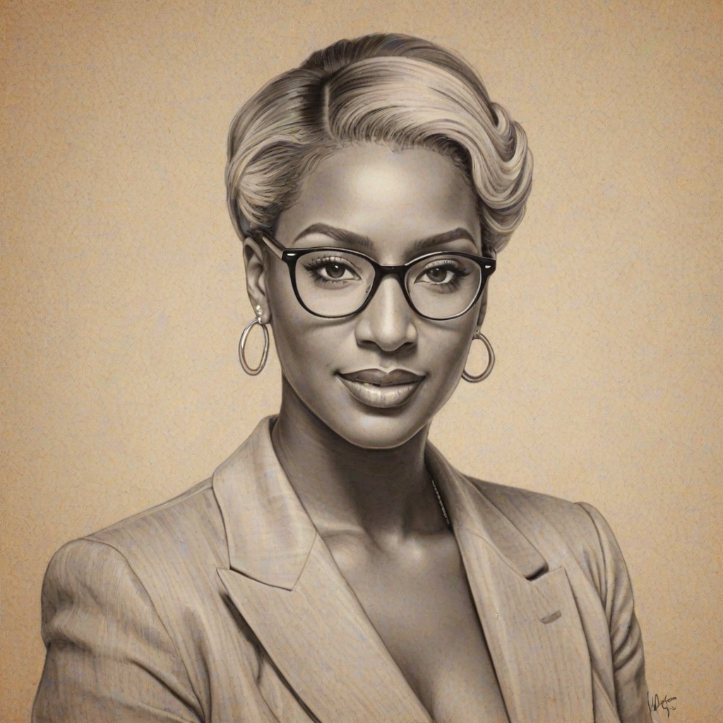 Fetching Nene Leakes, pencil sketch, portrait of Pleasing woman 1937s in glasses, hair style beatnik, outline, clear lines, fine lines, 8k
