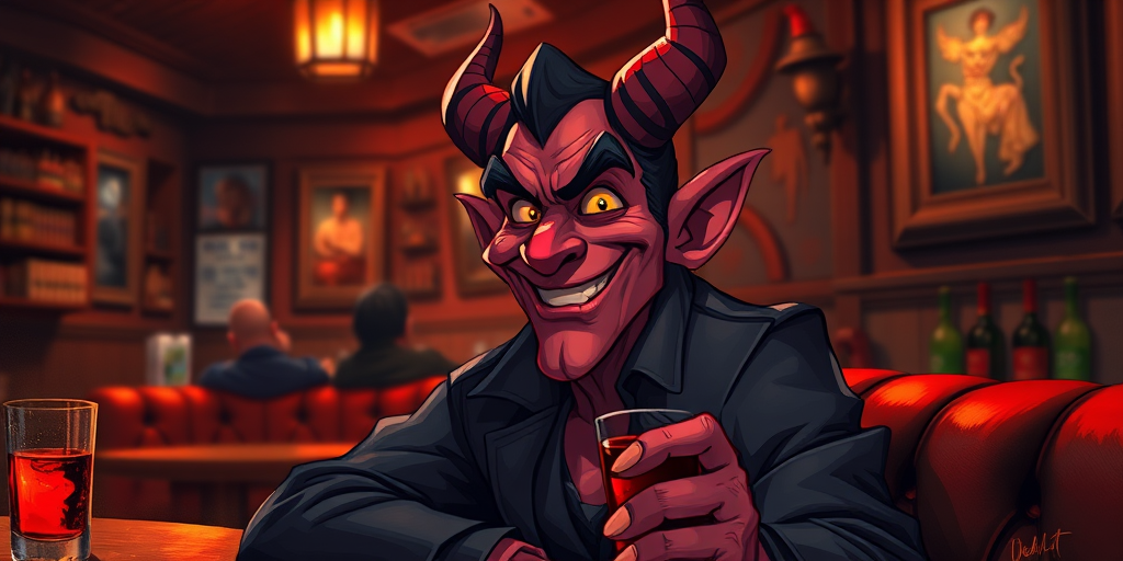 A vibrant, detailed illustration of a smiling devilish character sitting in a cozy, dimly-lit bar with a glass of red beverage, showcasing rich textures and contrasting shadows, captured with a DSLR camera at f/2.8, 1/100s, ISO 200, 35mm lens, from a slightly elevated angle to add depth and focus on the character, in a hyper-realistic painting style.