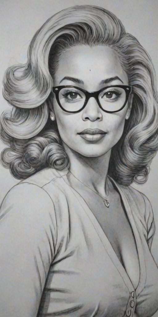 Appealing Kim Fields, pencil sketch, portrait of Alluring woman 1941s in glasses, hair style beatnik, outline, clear lines, fine lines, 8k