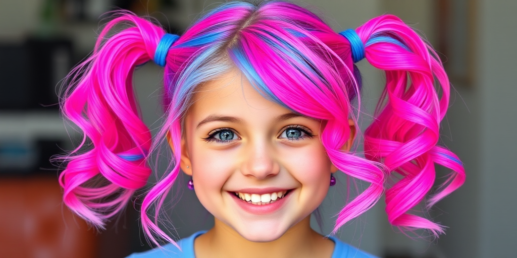 Playful picture of a teen with Bubblegum Pop tresses, a bright pink base with neon blue tips, styled in high pigtails with curled ends