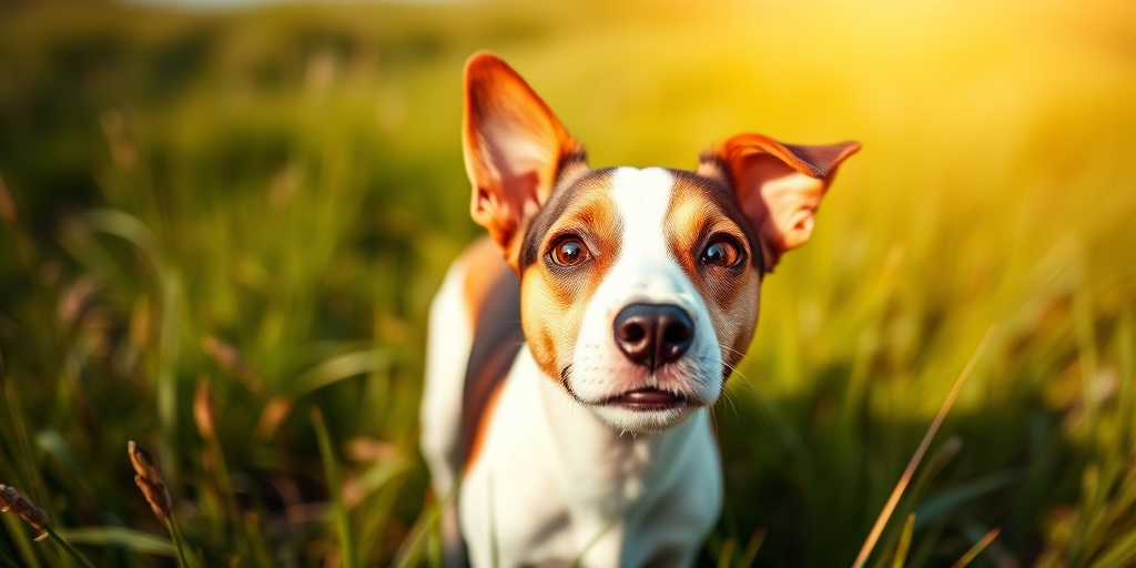 Close-up portrait of a curious Jack Russell Terrier standing in a grassy field, natural lighting, shallow depth of field, 50mm lens, aperture f/1.8, ISO 200, DSLR camera, vibrant colors and sharp details.
