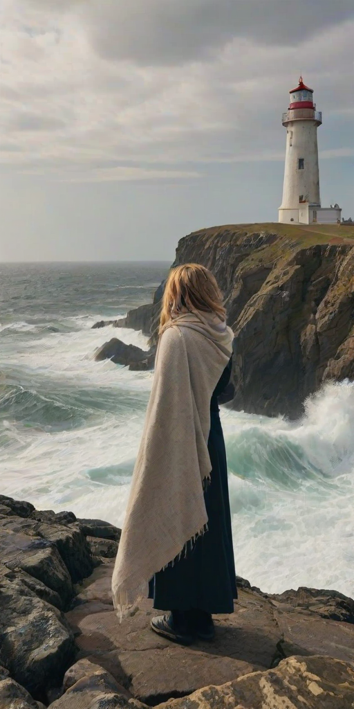 Deserted lighthouse perched on a rocky cliff, waves crashing against the rocks below, a woman stands at the base of the lighthouse, her scarf blowing in the strong wind as she gazes out at the sea.