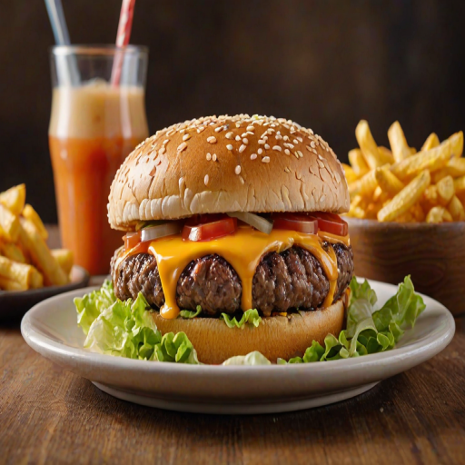 High-resolution, close-up image of a gourmet double cheeseburger. The burger features a glossy, sesame-seed-topped brioche bun. Inside, there are two thick, juicy beef patties, each topped with melted cheddar cheese. The burger is garnished with fresh lettuce, tomato slices, diced onions, and pickles. A generous amount of ketchup and a creamy, orange-colored sauce is dripping down the sides, adding to the mouth-watering appeal. In the background, there are blurred elements including a side of golden French fries and a hint of a beverage, enhancing the overall presentation of a delicious meal.