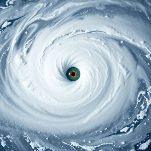 Create a high-resolution image of a swirling cyclone with a central eye, using a DSLR camera with a 50mm lens, aperture set to f/8, ISO 100, and a shallow depth of field, capturing in bright daylight with vibrant contrast and sharp details.