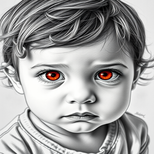 A hyperdetailed photorealistic black and white sketch of a beautiful toddler with deep orange eyes, with a macro focus