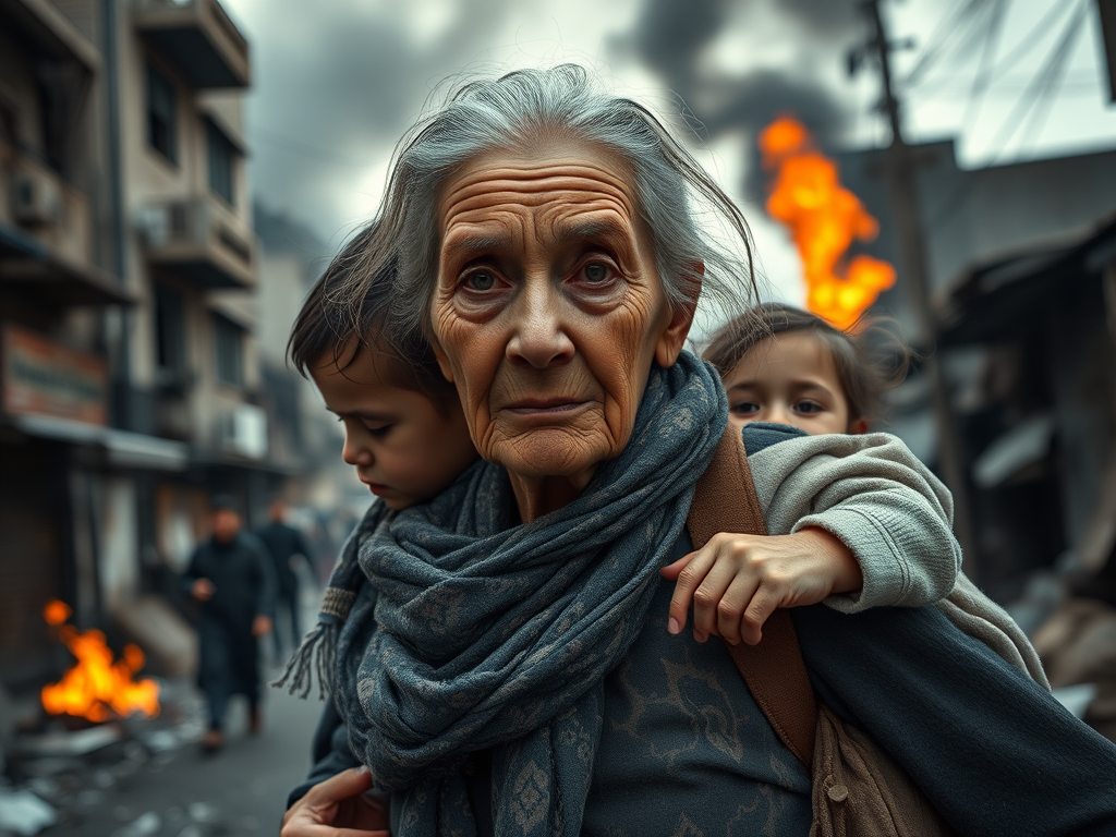 Create a high-resolution image of an elderly woman with deep, expressive features carrying a small child on her back in an apocalyptic urban setting, with flames and smoke in the background, using a Canon EOS R5, 50mm lens, f/1.8 aperture, ISO 100, with a dramatic low-angle perspective to emphasize the intensity of the scene and enhance the emotional impact.