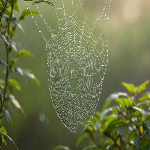 Soft-focus close-up of a raindrop-laden spider web glistening in the early morning light, with vibrant greenery softly blurred in the background and soft mist filling the air.