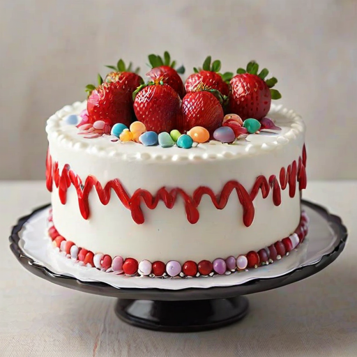 Create an image of a beautifully decorated cake on a white plate. The cake should be topped with an assortment of fresh strawberries, cherries, and delicate edible flowers in various colors. Include small decorative elements like silver pearls and a creamy frosting layer. The background should be simple and dark to highlight the vibrant colors of the cake and its decorations.