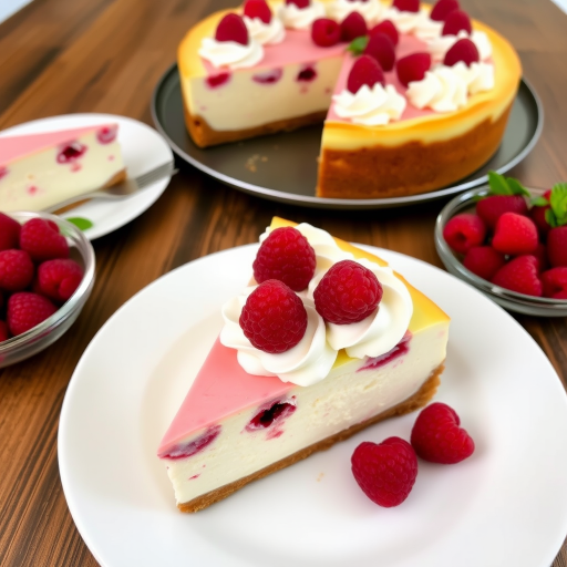 Delicious raspberry cheesecake with a creamy texture topped with whipped cream and fresh raspberries on a wooden table alongside a slice of the cake and a plate of raspberries.