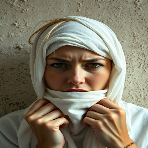 Create a close-up photographic image of a Mizrahi woman with light skin tones shown against an old, worn wall. Their head is wrapped in a white cloth covering (i.e.... parts of the head except the nose and mouth, which are open as if they are screaming...), with a slight texture and visible folds in the fabric. Thin strands of blonde hair escape from the wrapping above, falling lightly at the top and sides. Their hands hold the fabric as if they are tugging nervously. The lighting is dramatic and even, casting strong shadows. The image has a minimalist and surreal style with an emphasis on simplicity with soft color tones. The composition is centered.