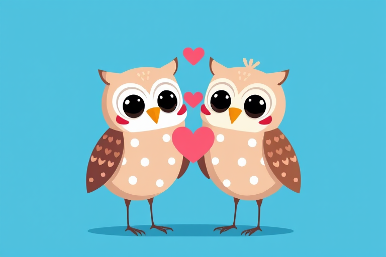 Create an illustration of two cartoon owls with polka dots, standing next to each other, with a heart symbol between them, set against a solid blue background, shot with a digital camera at f/8 aperture, ISO 100, 50mm lens, in bright, natural lighting for vibrant colors and sharp details.