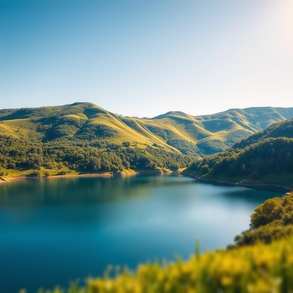 Generate a vibrant, high-resolution image of a scenic landscape featuring a tranquil lake surrounded by lush green hills under a clear blue sky, captured with a Canon EOS R5 at f/8, ISO 100, 1/125s, wide-angle view, in natural light.