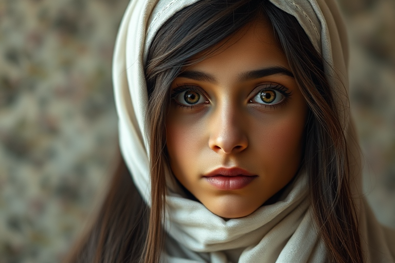 Create a portrait of a young Chaldean female with long, dark hair and captivating hazel eyes. She is wearing a white headscarf and a matching scarf draped gracefully around her neck. The background is softly blurred, focusing attention on her serene and natural expression. The overall color palette is muted and warm, enhancing the intimate and authentic feel of the portrait.
