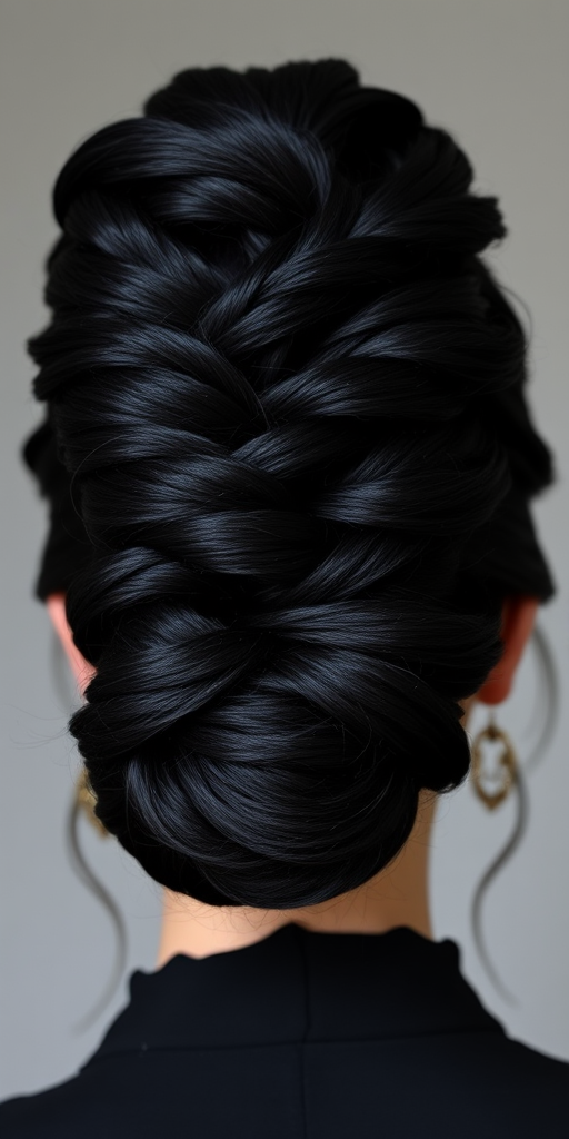 Dramatic jet black hair in a "Midnight Majesty" updo features intricate braids and a sculptural silhouette, embodying timeless elegance