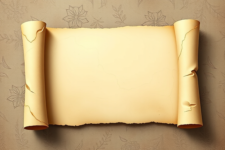 Create a high-resolution illustration of a rolled parchment scroll with slightly tattered edges and a blank interior, using a DSLR camera with a 50mm lens, f/1.8 aperture, ISO 100, and a soft-focus background for depth.