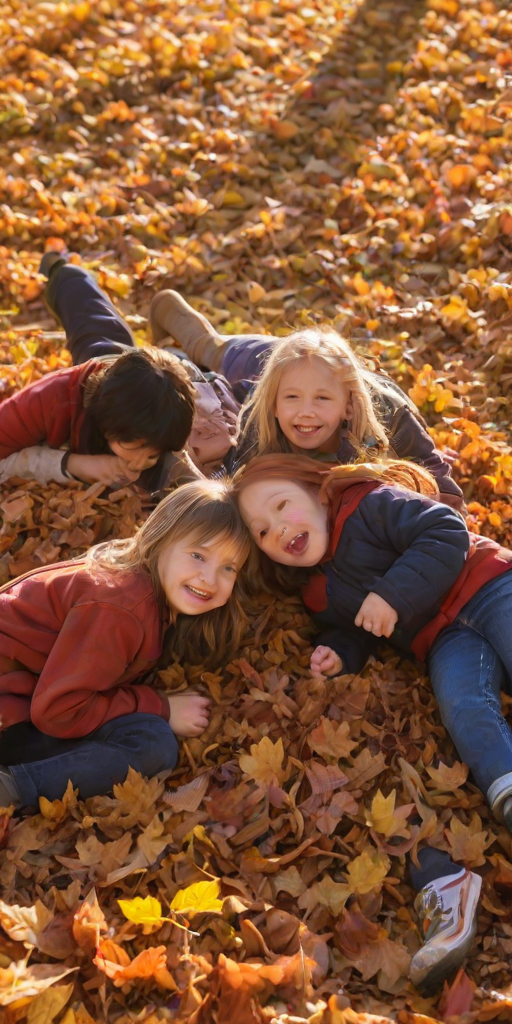 Warmly lit image of a group of children playing in a pile of autumn leaves, soft glow from the afternoon sun casting warm shadows on the ground, the smell of crisp leaves and fresh air filling the scene, laughter and joy frozen in the moment.