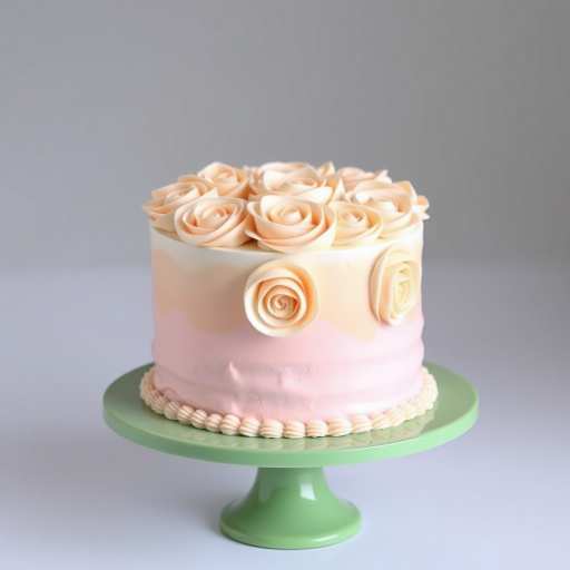 Create an image of a three-layer cake decorated with buttercream frosting designed to look like roses. The top layer should be white, the middle layer should be a soft peach color, and the bottom layer should be light pink. The cake should be displayed on a round green cake stand with a simple background.