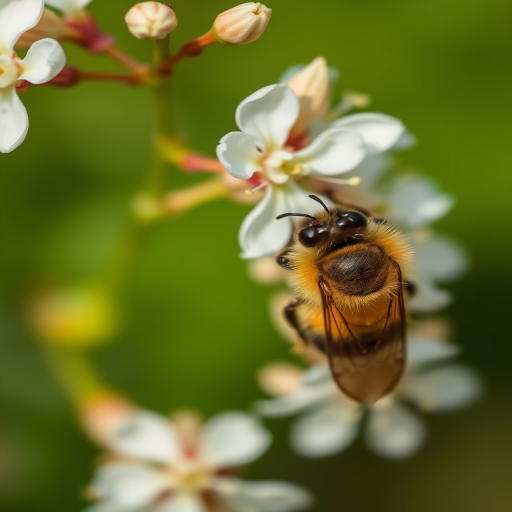 A close-up of a bee collecting nectar from white flowers with a blurred green background, taken with a macro lens, f/2.8 aperture, 1/500 shutter speed, ISO 100, natural light, DSLR camera.