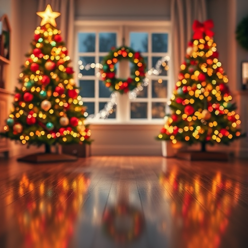 Create a cozy Christmas scene featuring a wooden floor with reflections a beautifully decorated room with two Christmas trees adorned with colorful ornaments and a festive wreath hanging on a window with soft bokeh lights in the background