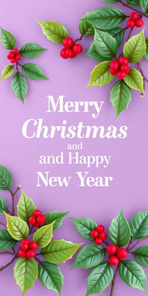 Create a Christmas greeting card with the text "Merry Christmas and Happy New Year" prominently displayed, using a soft purple background, detailed illustrations of holly leaves, captured with a DSLR camera at f/2.8, ISO 100, 50mm lens, in soft natural light for enhanced image quality.