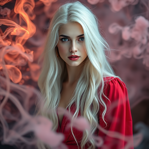 Create a highly detailed portrait of a mythical woman with long white hair and a red dress, surrounded by ethereal, swirling smoke, captured with a DSLR camera at 50mm focal length, f/1.8 aperture, ISO 100, using soft natural lighting and a shallow depth of field for a dreamy effect.