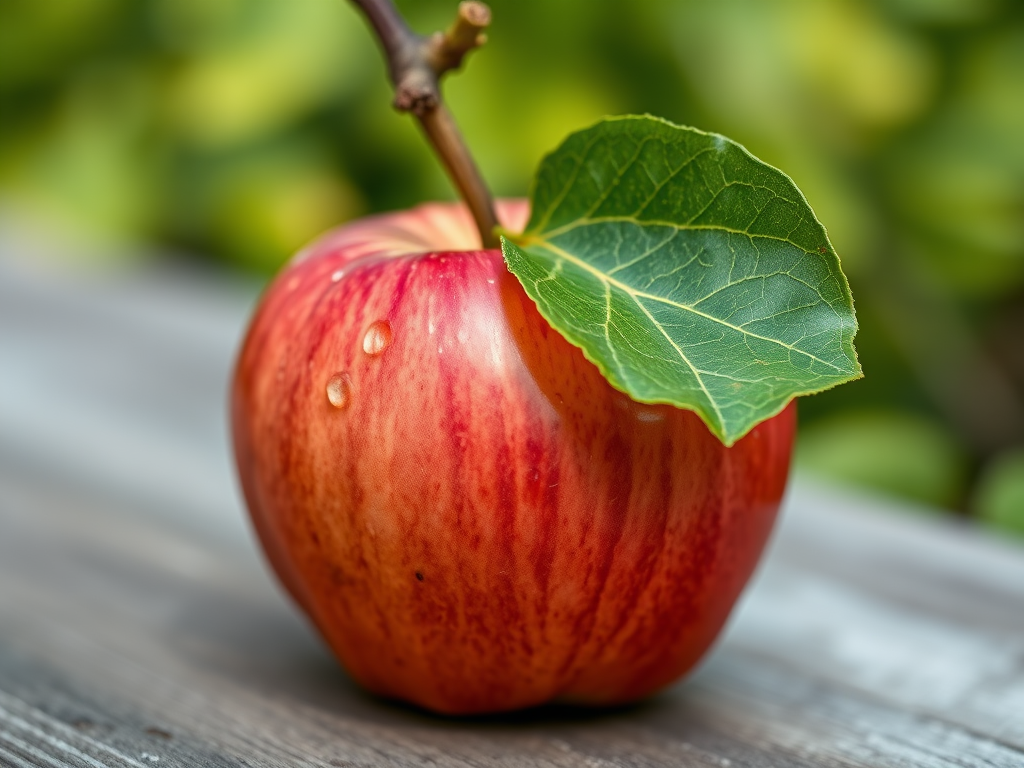 Create a high-resolution image of a fresh red apple with a green leaf, shot with a Canon EOS R5 at f/2.8, ISO 100, 50mm lens, in natural lighting and a shallow depth of field.