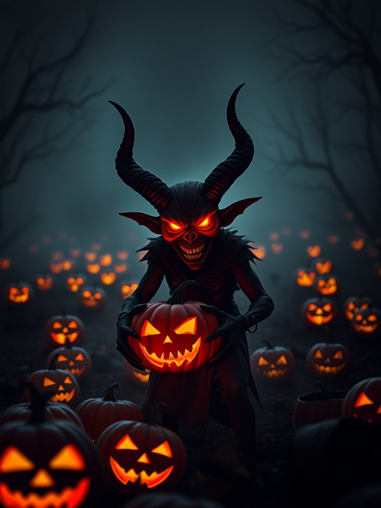 Create a high-resolution image of a demonic figure with large horns and glowing red eyes, holding a carved pumpkin in a dark, misty landscape filled with ominous jack-o'-lanterns, shot with a DSLR camera at f/2.8 aperture, ISO 100, 50mm lens, in a low-angle view with dramatic lighting to enhance shadows and textures.