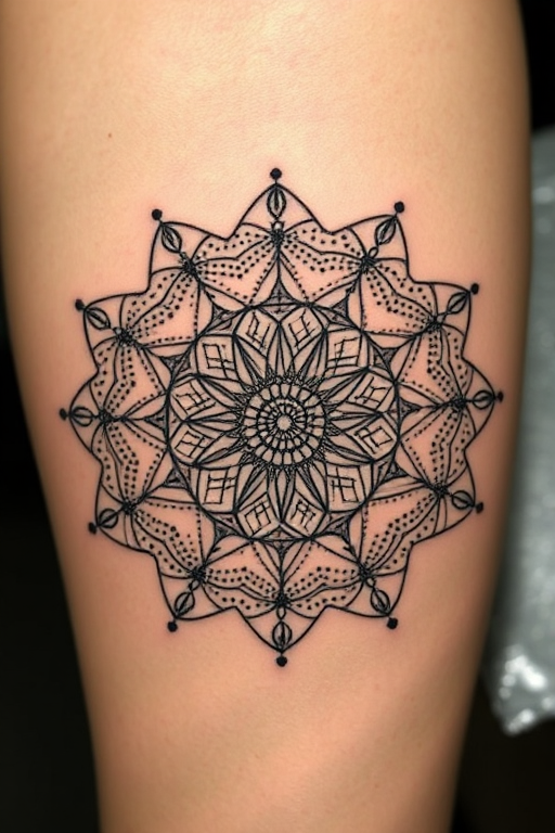 Dotwork mandala tattoo named "Cosmic Harmony" featuring an intricately detailed circular design composed of thousands of tiny dots radiating outward from a central point creating mesmerizing patterns and sacred geometry motifs with gradual fading effects and negative space incorporated to enhance the overall depth and dimension of the piece