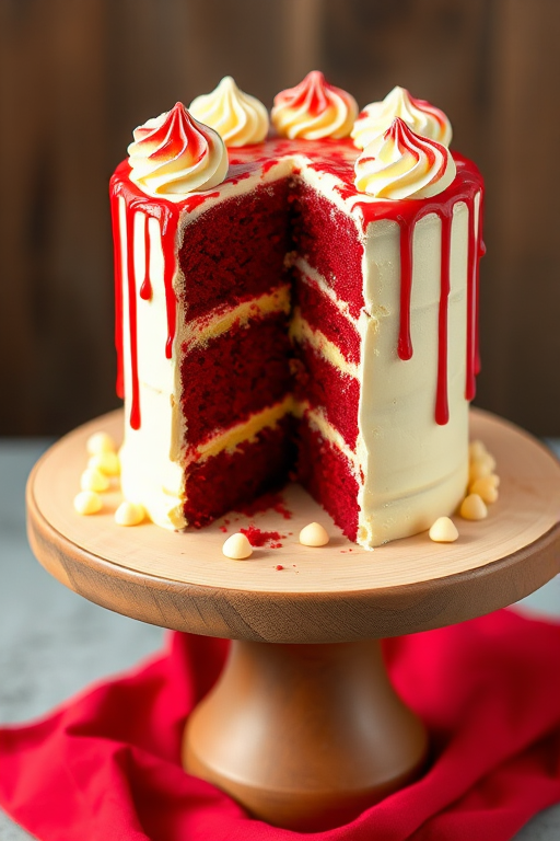 A three-layer red velvet cake with white frosting and swirls on top, featuring a slice removed to reveal the creamy yellow filling, drizzled with red icing, and surrounded by white chocolate chips on a wooden cake stand with a red cloth underneath.