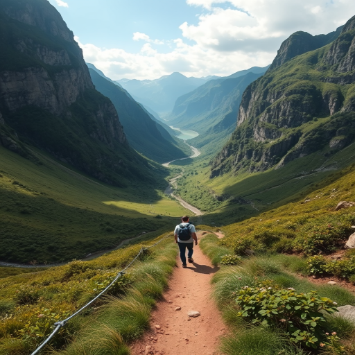 a person walking along a narrow trail in a lush green valley surrounded by steep mountains and a river in the distance, taken with a Canon EOS R5, 24mm lens, f/8 aperture, 1/125 sec shutter speed, ISO 200, natural light, capturing a panoramic view to enhance depth and detail