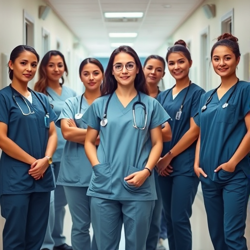 A group of female healthcare professionals in scrubs standing confidently in a hospital corridor, shallow depth of field, f/2.8 aperture, ISO 200, 50mm lens, soft lighting, portrait orientation, DSLR camera.