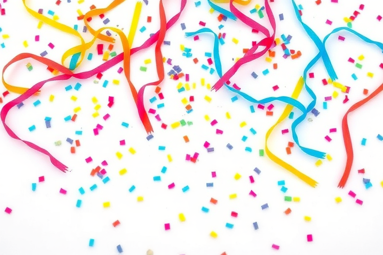 Create an image of colorful party streamers and confetti scattered on a white background with a high-resolution 35mm camera, using a shallow depth of field, exposed at f/4, ISO 100, and a 1/200 second shutter speed for vibrant colors and sharp details.