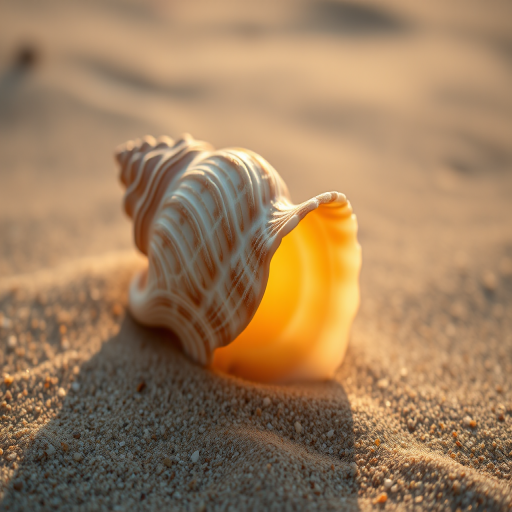 High-resolution close-up of a seashell resting on a sandy beach, soft light from the setting sun illuminating its intricate patterns, with tiny grains of sand visible in the background.