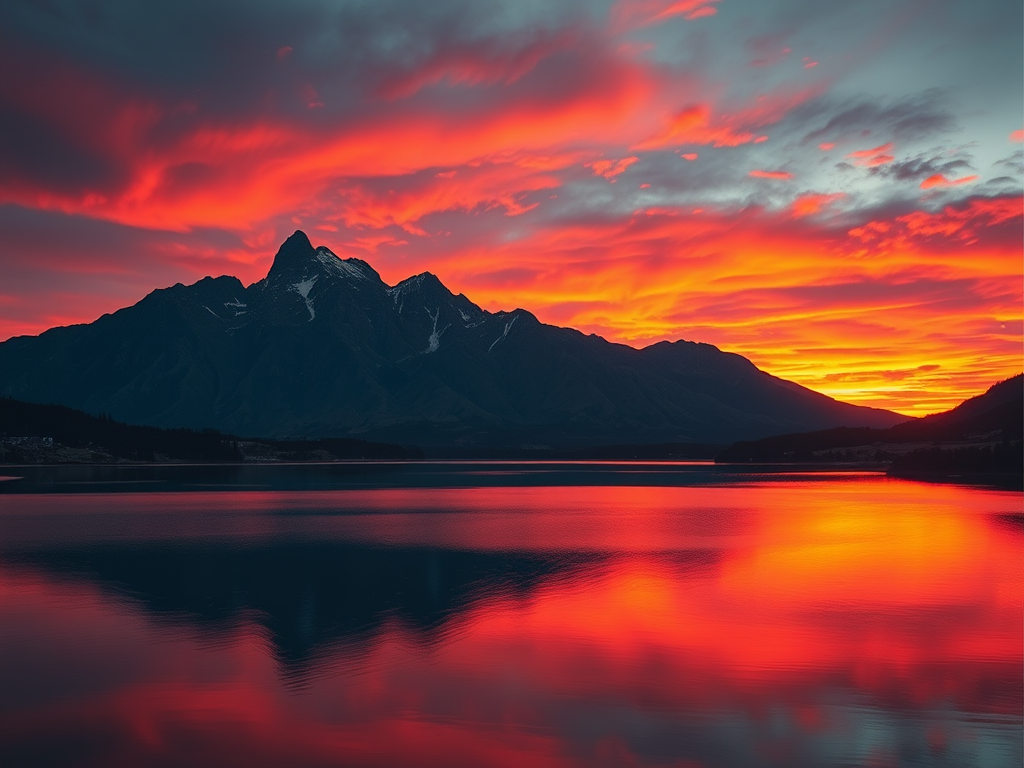 Create an imaginative landscape featuring a vibrant sunset over a mountain range, with rich colors reflecting in a calm lake, shot with a Canon EOS R5 at f/8, ISO 100, 1/125s, using a wide-angle lens for a panoramic view, capturing sharp details and depth in the scene.