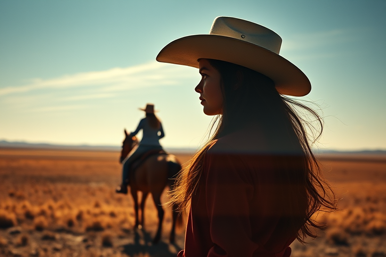 "Create a Double exposure", a silhouette "profile portrait of a young cowgirl" with long hair "superimposed" against a long shot of a cowgirl riding a horse across the plains, fantastic view, 32k, cinematic, hyper-realistic.