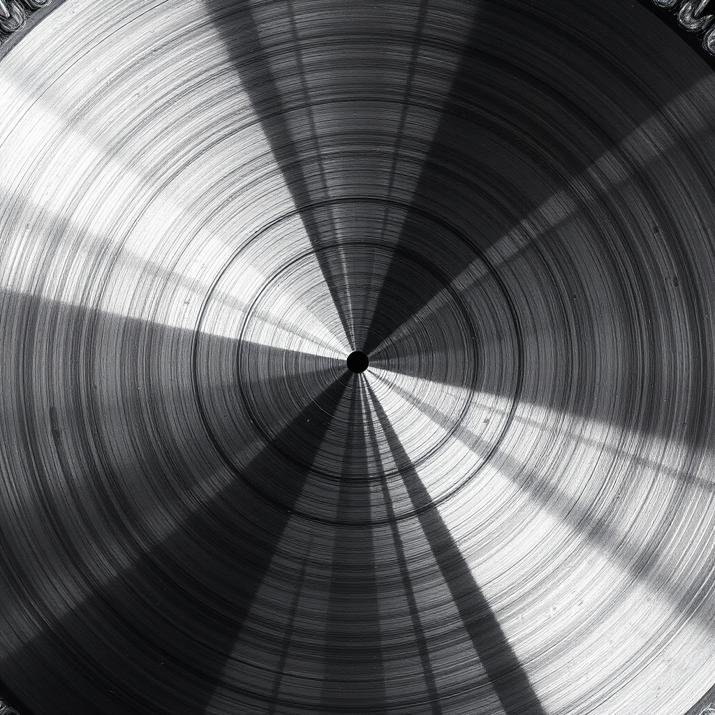 Create a high-resolution image of a circular saw blade, with a sharp, metallic finish, 85mm focal length, f/11 aperture, ISO 100, macro lens, centered view, soft lighting to highlight details.