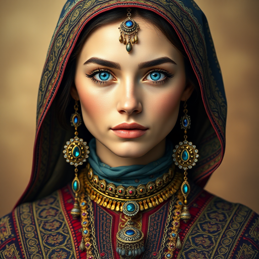 Create a portrait of a beautiful Circassian woman with striking cyan eyes and a gentle expression. She is adorned in traditional attire with intricate patterns, including a richly embroidered headscarf and matching garments. Her jewelry includes a delicate headpiece, dangling earrings, and ornate bracelets, all featuring vibrant gemstones and detailed metalwork. The background is soft and warm, enhancing the rich colors of her outfit and jewelry.