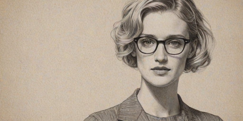 Stunning Mackenzie Davis, pencil sketch, portrait of Resplendent woman 1936s in glasses, hair style beatnik, outline, clear lines, fine lines, 8k