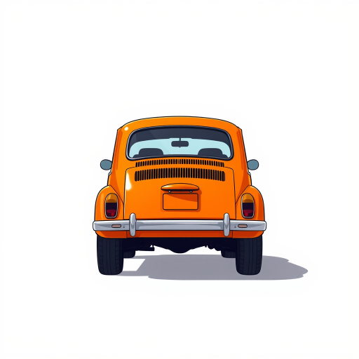 A vibrant cartoon-style illustration of a rear view of a classic orange car with white wheels, set against a plain background, shot with a Canon EOS R5, f/8 aperture, ISO 100, 24mm lens, soft lighting for enhanced color depth and clarity.