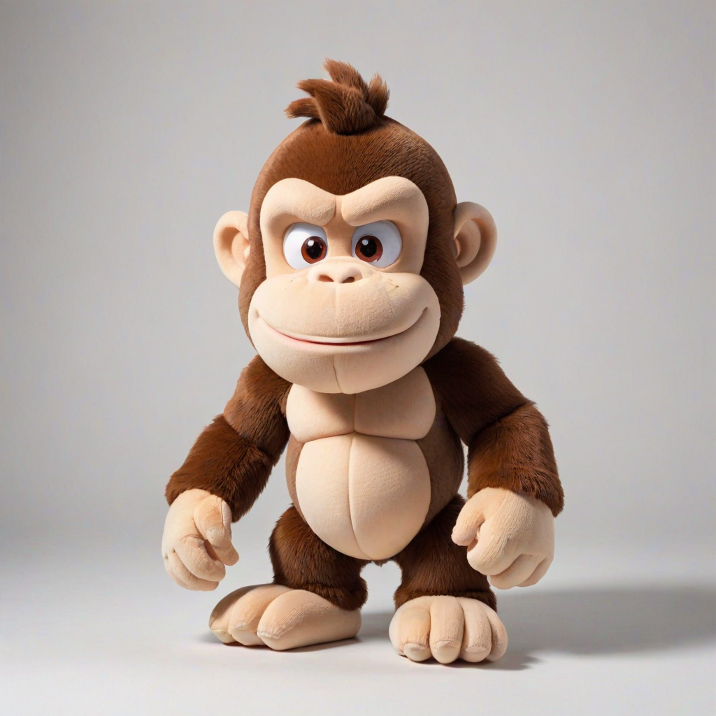 Donkey Kong children's version of an adorable and cute cotton plush with a full body on a white background. A good front pose is visible with extreme quality and every detail. The image features good lighting, a well-chosen color palette, and a 3D appearance.