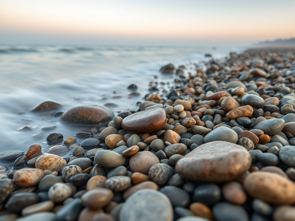 create a serene seascape image featuring smooth pebbles on a misty shoreline at dawn, using a Canon EOS 5D Mark IV with a 24-70mm lens, aperture f/8, shutter speed 1/4 sec, ISO 100, focusing on soft waves and rocks, captured in a low-angle view for depth and texture.
