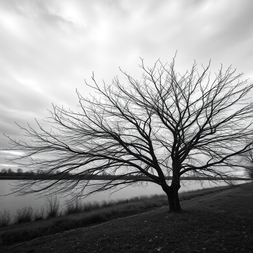 capture a black and white photograph of a barren tree by a riverbank under a cloudy sky using a DSLR camera, 50mm lens, f/8 aperture, ISO 100, and a shutter speed of 1/250 seconds, with a landscape orientation and focus on the tree's intricate branches for enhanced detail